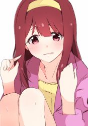 Rule 34 | 1girl, blush, collarbone, enelis, hair between eyes, hairband, idolmaster, idolmaster million live!, jacket, long hair, long sleeves, open clothes, open jacket, parted lips, pink jacket, pointing, pointing at self, red eyes, red hair, shirt, simple background, sitting, solo, tanaka kotoha, very long hair, white background, yellow hairband, yellow shirt