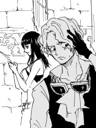 Rule 34 | 1boy, 1girl, ascot, bad id, bad twitter id, belt, blunt bangs, gloves, goggles, goggles around neck, greyscale, highres, looking down, looking to the side, medium hair, monochrome, namagomi (op laaaaw tan), nico robin, one piece, profile, sabo (one piece), scar, scar on face, shirt, short hair, upper body, waistcoat, wall