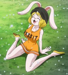 Rule 34 | 1girl, :3, animal ears, blonde hair, breasts, rabbit, rabbit ears, carrot (one piece), grass, happy, hat, large breasts, one piece, open mouth, rabbit girl, relieved, third-party edit