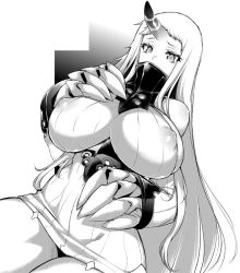 Rule 34 | 10s, 1girl, abyssal ship, bare shoulders, breast suppress, breasts, claws, covered mouth, detached sleeves, dress, covered erect nipples, greyscale, high collar, horns, huge breasts, kantai collection, long hair, misasagi tasuku, monochrome, ribbed dress, seaport princess, short dress, single horn, solo, very long hair, white hair