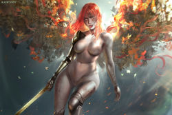 Rule 34 | 1girl, amputee, breasts, bug, butterfly, completely nude, elden ring, floating hair, highres, holding, holding sword, holding weapon, insect, long hair, looking at viewer, malenia blade of miquella, malenia goddess of rot, navel, nude, prosthesis, prosthetic arm, prosthetic leg, ragecndy, red hair, simple background, solo, sword, very long hair, weapon, wings, yellow eyes