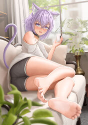 Rule 34 | 1girl, :3, absurdres, ahoge, alternate costume, andy2465, animal collar, animal ear fluff, animal ears, bare legs, barefoot, black shorts, blurry, blurry background, blurry foreground, blush, cat ears, cat girl, cat tail, collar, couch, crossed bangs, curtains, depth of field, eyelashes, fang, feet, food, full body, hair between eyes, hand up, highres, holding, hololive, indoors, legs, looking at viewer, medium hair, nail polish, nekomata okayu, on couch, onigiri, plant, potted plant, purple eyes, purple nails, purple tail, shirt, short shorts, shorts, single bare shoulder, soles, solo, spread toes, tail, toenail polish, toenails, toes, virtual youtuber, white shirt, window
