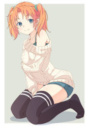 Rule 34 | 1girl, aqua eyes, aran sweater, between legs, black thighhighs, blue shorts, cable knit, e20, grey background, hair tie, hand between legs, long sleeves, no shoes, off-shoulder sweater, off shoulder, orange hair, original, short shorts, shorts, simple background, sitting, smile, solo, spaghetti strap, sweater, thighhighs, twintails, white sweater