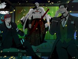 Rule 34 | 3boys, abs, bandana, billy kane, black hair, blonde hair, earrings, formal, geese howard, glasses, gloves, green eyes, hein (kof), jacket, jacket on shoulders, japanese clothes, jewelry, male focus, mojyavoltage6, multiple boys, navel, scar, topless male, sitting, staff, suit, the king of fighters, the king of fighters xiv