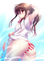 Rule 34 | 1girl, ass, bikini, brown hair, commentary request, cowboy shot, from behind, little busters!, long hair, looking at viewer, looking back, mouth hold, natsume rin, ponytail, red eyes, scrunchie, shirt, side-tie bikini bottom, solo, striped bikini, striped clothes, swimsuit, unworn bikini top, water, white shirt, zen (kamuro)