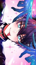 Rule 34 | 1boy, arms up, black choker, black hair, blue eyes, blue gloves, blush, choker, closed mouth, commentary request, ear piercing, earrings, eyelashes, fang, gloves, gradient background, hair between eyes, highres, jewelry, looking at viewer, male focus, multicolored eyes, nijisanji, nijisanji en, oshi no ko, piercing, pink background, pointy ears, pose imitation, purple eyes, ren zotto, short hair, sideways, simple background, skin fang, smile, solo, sparkle, star-shaped pupils, star (symbol), striped, striped background, symbol-shaped pupils, tongue, tongue out, upper body, v-shaped eyebrows, virtual youtuber, yoy (0yyoyy0)