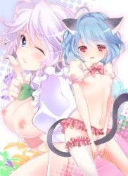 Rule 34 | 2girls, ahoge, animal ears, blue eyes, blue hair, blush, bottomless, bow, bowtie, braid, breasts, cat ears, cat girl, cat tail, clothes lift, covering privates, covering crotch, female focus, flat chest, frilled legwear, frills, hair ribbon, index finger raised, izayoi sakuya, kemonomimi mode, light purple hair, looking at viewer, mike (mikenekotei), multiple girls, navel, nipples, no bra, no panties, one eye closed, open mouth, pussy juice, red eyes, remilia scarlet, ribbon, shirt lift, short hair, silver hair, single thighhigh, small breasts, smile, tail, thighhighs, touhou, underwear, v arms, white legwear, wink