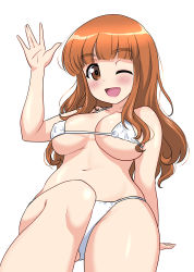 Rule 34 | 1girl, :d, \||/, absurdres, arm support, arm up, bikini, blunt bangs, blush, breasts, brown eyes, brown hair, girls und panzer, hand up, highres, knee up, large breasts, leaning back, long hair, looking at viewer, navel, one eye closed, open mouth, orange hair, shiina excel, simple background, sitting, smile, solo, swimsuit, takebe saori, waving, white background, white bikini