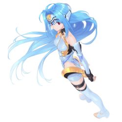 Rule 34 | 1girl, android, black gloves, blue hair, boots, closed mouth, dutch angle, expressionless, fingerless gloves, from side, full body, garter straps, gloves, halterneck, headgear, highres, ikezawa shin, kos-mos, legwear garter, leotard, long hair, looking at viewer, red eyes, simple background, solo, standing, thigh boots, thighhighs, white background, white footwear, white gloves, white leotard, wind, xenosaga, xenosaga episode iii