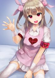 Rule 34 | &gt; &lt;, 1girl, :d, apron, armband, bandaged arm, bandages, bed sheet, between legs, blush, brown hair, center frills, collared shirt, fang, frills, hair between eyes, hair ornament, hand between legs, hand up, hat, head tilt, heart, highres, konkito, long hair, looking at viewer, natori sana, nurse cap, open mouth, pink apron, pink hat, pleated skirt, puffy short sleeves, puffy sleeves, rabbit hair ornament, red eyes, safety pin, sana channel, shirt, short sleeves, sitting, skirt, smile, solo, thighhighs, two side up, very long hair, virtual youtuber, white shirt, white skirt, white thighhighs