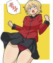 Rule 34 | 1girl, aono3, black skirt, blonde hair, blue eyes, blush, braid, catchphrase, clenched hands, commentary, darjeeling (girls und panzer), dutch angle, epaulettes, flying sweatdrops, frown, girls und panzer, gluteal fold, head tilt, highres, jacket, long sleeves, looking at viewer, military, military jacket, military uniform, miniskirt, open mouth, outside border, panties, pantyshot, pleated skirt, red jacket, red panties, short hair, skirt, solo, st. gloriana&#039;s military uniform, standing, thighs, translation request, twin braids, underwear, uniform, w arms, yellow background