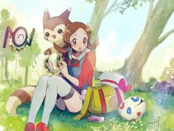 Rule 34 | 1girl, :o, bag, blush, brown eyes, brown hair, commentary, creatures (company), day, egg, eyelashes, flower, furret, game freak, gen 2 pokemon, grass, hair flower, hair ornament, hanenbo, hat, hat ribbon, highres, holding, lyra (pokemon), nintendo, open mouth, outdoors, overalls, pokemon, pokemon (creature), pokemon egg, pokemon hgss, red footwear, ribbon, shoes, signature, sitting, symbol-only commentary, thighhighs, togepi egg, tree, twintails, unown, unown n, unworn hat, unworn headwear, white headwear, yellow bag