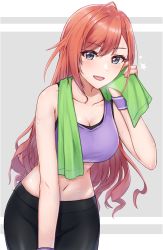 Rule 34 | 1girl, :d, arisugawa natsuha, bare shoulders, bike shorts, black shorts, blush, breasts, brown hair, cleavage, collarbone, commentary request, cowboy shot, exren, grey background, grey eyes, groin, hair between eyes, heavy breathing, highres, idolmaster, idolmaster shiny colors, large breasts, leaning forward, long hair, looking at viewer, midriff, navel, open mouth, purple sports bra, shorts, sidelocks, smile, solo, sports bra, standing, sweat, swept bangs, towel, towel around neck, two-tone background, white background, wristband