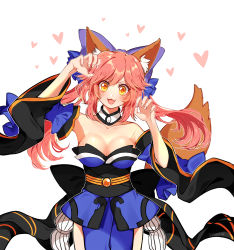 Rule 34 | 10s, 1girl, :3, animal ears, bell, blue legwear, blush, breasts, cleavage, collarbone, detached sleeves, fate/extra, fate/grand order, fate (series), fox ears, fox tail, hair ribbon, heart, highres, japanese clothes, large breasts, long hair, looking at viewer, open mouth, pink hair, ribbon, savi (byakushimc), simple background, solo, tail, tamamo no mae (fate/extra), white background, yellow eyes