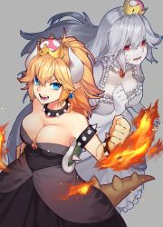 Rule 34 | 2girls, absurdres, armlet, black dress, blonde hair, borrowed design, bowsette, bracelet, breasts, cleavage, clenched hand, collar, crown, dress, earrings, fire, frilled dress, frilled gloves, frills, from above, gloves, grey background, highres, horns, jewelry, large breasts, long hair, luigi&#039;s mansion, mario (series), mini crown, multiple girls, necklace, new super mario bros. u deluxe, nintendo, open mouth, parted lips, pointy ears, ponytail, princess king boo, puffy short sleeves, puffy sleeves, red eyes, reiga (act000), sharp teeth, short sleeves, spiked armlet, spiked bracelet, spiked collar, spiked shell, spiked tail, spikes, strapless, strapless dress, super crown, sweatdrop, tail, teeth, tilted headwear, transformation, turtle shell, white dress, white gloves, white hair