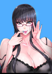 Rule 34 | 1girl, :p, adjusting eyewear, black hair, blue background, blue eyes, bra, breasts, cleavage, collarbone, fei (maidoll), finger to mouth, fingernails, glasses, highres, huge breasts, large breasts, lingerie, lipstick, long hair, looking at viewer, makeup, nail polish, original, pink lips, red-framed eyewear, simple background, solo, strap slip, tongue, tongue out, underwear, upper body