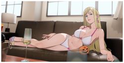 Rule 34 | 1girl, anklet, artist name, bare legs, bikini, blonde hair, blue eyes, blurry, blurry background, breasts, bucket, champagne bottle, cleavage, commentary, couch, cup, curtains, dated, davidhuang701, drinking glass, earrings, full body, gigi andalusia, gundam, gundam hathaway&#039;s flash, highres, indoors, jack-o&#039;-lantern, jewelry, lamp, lampshade, large breasts, light particles, lips, long hair, looking at viewer, lying, nail polish, navel, on couch, on side, parted lips, pink nails, sandals, solo, stomach, straight hair, swimsuit, table, thighs, toenail polish, toenails, toes, triangle earrings, white bikini, white footwear, window, wine glass