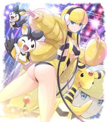 Rule 34 | &gt; &lt;, 1girl, ;d, absurdres, ampharos, ass, black choker, blonde hair, blue eyes, blunt bangs, blush stickers, breasts, cameltoe, choker, cleavage, closed mouth, clothed pokemon, commentary request, creatures (company), elesa (pokemon), emolga, game freak, gen 2 pokemon, gen 5 pokemon, gym leader, headphones, highres, legs, light, long sleeves, looking at viewer, looking back, medium breasts, monitor, nintendo, one eye closed, open mouth, outstretched arm, pokemoa, pokemon, pokemon (creature), pokemon bw, scaffolding, short hair, smile, transparent