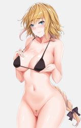 Rule 34 | 1girl, areola slip, bikini, bikini top only, black bow, blonde hair, blue eyes, blush, bottomless, bow, braid, grabbing another&#039;s breast, breasts, closed mouth, cowboy shot, cum, cum on body, cum on breasts, cum on upper body, facial, fate/apocrypha, fate (series), female pubic hair, grabbing, grey background, groin, hair bow, hanada yanochi, heart, heart-shaped pupils, jeanne d&#039;arc (fate), jeanne d&#039;arc (ruler) (fate), large breasts, long hair, looking at viewer, low-tied long hair, navel, pubic hair, pussy, shiny skin, simple background, single braid, smile, solo, standing, stomach, strap, string bikini, swimsuit, symbol-shaped pupils, uncensored, very long hair