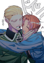 Rule 34 | 2boys, absurdres, axis powers hetalia, blonde hair, blue jacket, blush, character name, check translation, closed eyes, collared jacket, cross, fingernails, germany (hetalia), greek cross, green jacket, grey eyes, hand on another&#039;s face, happy, highres, hug, iron cross, jacket, long sleeves, looking at another, male focus, messy hair, military uniform, multiple boys, naotin3333, open mouth, orange hair, short hair, simple background, southern italy (hetalia), sweatdrop, translation request, uniform, upper body, white background