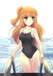 Rule 34 | 1girl, absurdres, black one-piece swimsuit, blonde hair, competition school swimsuit, covered navel, cowboy shot, green eyes, highres, long hair, looking to the side, one-piece swimsuit, one side up, original, pool, pool ladder, school swimsuit, side ponytail, solo, sudhiro sappurisa, swimsuit, thigh gap, triangle mouth, wet