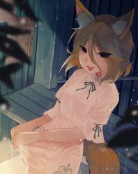 Rule 34 | 1girl, :d, animal ear fluff, animal ears, banned artist, bench, blonde hair, blurry, breasts, cowboy shot, depth of field, efxc, eyes visible through hair, fox ears, from above, hair between eyes, highres, kudamaki tsukasa, looking at viewer, open mouth, outdoors, rain, romper, short hair, small breasts, smile, solo, touhou, wooden floor
