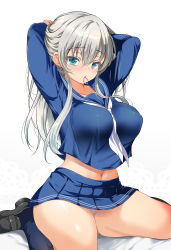 Rule 34 | 1girl, aqua eyes, arms up, black footwear, blue sailor collar, blue shirt, blue skirt, blue socks, blush, breasts, commentary request, covered erect nipples, emily (pure dream), grey hair, hair between eyes, hair tie, highres, large breasts, loafers, long hair, long sleeves, looking at viewer, mouth hold, navel, original, panties, pleated skirt, sailor collar, school uniform, serafuku, shirt, shoes, simple background, sitting, skirt, socks, solo, thick thighs, thighs, tying hair, underwear, uniform, wariza, white background, white neckwear, white panties