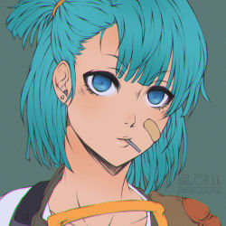 Rule 34 | 1girl, aqua hair, artist name, bad id, bad pixiv id, bandaid, bandaid on face, blue eyes, bulma, chromatic aberration, closed mouth, dragon ball, earrings, fire-akra, jewelry, light smile, lips, looking at viewer, mouth hold, portrait, short hair, side ponytail, solo