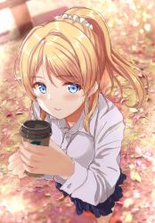 Rule 34 | 1girl, 243 athha, artist name, artist request, ayase eli, bare legs, blonde hair, blue eyes, blue skirt, blush, breasts, buttons, close-up, collared shirt, cup, female focus, fushimi asuha, hair between eyes, hair ornament, hair scrunchie, high ponytail, highres, holding, holding cup, long hair, long sleeves, looking at viewer, love live!, love live! school idol project, medium breasts, miniskirt, nail, nail polish, outdoors, parted lips, pink nails, plaid, plaid skirt, pleated, pleated skirt, ponytail, scrunchie, shirt, short hair, skirt, smile, solo, white scrunchie, white shirt