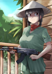 Rule 34 | 1girl, absurdres, ak-47, assault rifle, black hair, blue sky, blunt bangs, braid, breasts, closed mouth, cloud, commentary request, cookie (touhou), cowboy shot, day, fuka (kantoku), green pants, green shirt, green tea (cookie), gun, hat, highres, holding, holding gun, holding weapon, kalashnikov rifle, large breasts, light rays, long hair, looking to the side, outdoors, palm tree, pants, railing, red eyes, rice hat, rifle, shirt, short sleeves, sky, solo, standing, touhou, tree, twin braids, viet cong, vietnam war, weapon, yatadera narumi