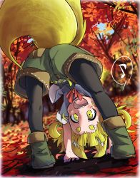 Rule 34 | 1girl, :d, absurdres, animal ears, autumn leaves, belt, bent over, black pantyhose, blonde hair, blue shirt, boots, commentary request, doitsuken, forest, fox ears, fox tail, green footwear, highres, looking at viewer, looking through own legs, multiple tails, musical note, nature, open mouth, original, outdoors, pantyhose, shirt, short eyebrows, short hair, shorts, smile, solo, spoken musical note, standing, tail, thick eyebrows, two tails, upside-down, yellow eyes