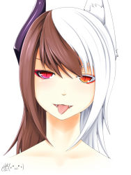 Rule 34 | 1girl, animal ears, bad id, bad pixiv id, fangs, heterochromia, highres, inyuppo, long hair, looking at viewer, multicolored hair, original, simple background, slit pupils, smile, solo, split-color hair, tongue, tongue out, two-tone hair, white background