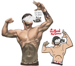 Rule 34 | 1boy, abs, arms up, beanie, beard, biceps, black headwear, clenched hand, cropped torso, english text, facial hair, fake transparency, flexing, hat, heart, male focus, multiple views, muscular, muscular male, navel, nipples, original, parody, pectorals, raccoon, randy orton, rinotuna, simple background, speech bubble, tattoo, topless male, upper body, white background