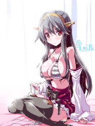 Rule 34 | 10s, 1girl, black hair, blush, boots, bra, brown eyes, detached sleeves, hairband, haruna (kancolle), headgear, kantai collection, long hair, miuku (marine sapphire), nontraditional miko, panties, panty pull, skirt, solo, striped bra, striped clothes, thigh boots, thighhighs, underwear