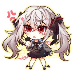 Rule 34 | 1girl, anger vein, black bow, black skirt, bow, bowtie, cellphone, chibi, commentary request, full body, grey hair, grey shirt, hair between eyes, hair bow, hand up, highres, holding, holding phone, kuzuha (nijisanji), long hair, messy hair, miniskirt, nijisanji, open mouth, phone, red eyes, shirt, simple background, skirt, smartphone, solo, standing, takuga, twintails, very long hair, virtual youtuber, white background