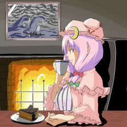 Rule 34 | 1girl, bow, cake, cake slice, crescent, crescent hair ornament, expressionless, female focus, fireplace, food, fork, hair ornament, hat, long hair, looking away, parted lips, pastry, patchouli knowledge, pink bow, plate, profile, purple hair, solo, touhou