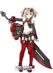 Rule 34 | 10s, 1girl, bare shoulders, blonde hair, blue eyes, breasts, cleavage, elbow gloves, fingerless gloves, gloves, god eater, god eater (neptunia), god eater 2: rage burst, hair ornament, highres, huge weapon, looking at viewer, midriff, neptune (series), official art, shin jigen game neptune vii, shorts, simple background, smile, solo, sword, thighhighs, tsunako, twintails, underboob, weapon, white background