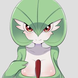 Rule 34 | 1girl, areola slip, blush, bob cut, breasts, closed mouth, collarbone, colored skin, creatures (company), female focus, game freak, gardevoir, gen 3 pokemon, green hair, green skin, grey background, hair between eyes, hand on own chest, hand up, happy, highres, large breasts, multicolored skin, nintendo, pokemon, pokemon (creature), red eyes, short hair, simple background, smile, solo, split mouth, straight-on, two-tone skin, upper body, white skin, yutti (pixiv 92453386)