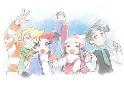 Rule 34 | 1girl, 3boys, alternate hair color, arm around neck, arm up, barry (pokemon), beanie, black hair, black vest, blonde hair, blue background, blue eyes, blue jacket, blue neckwear, blush, cellphone, character request, closed eyes, coat, creatures (company), dawn (pokemon), frontier brain, game freak, green eyes, green hair, green shirt, hair ornament, hairclip, half-closed eyes, hand up, hands up, happy, hat, holding, holding hands, jacket, long hair, long sleeves, looking to the side, lucas (pokemon), miu (miuuu 721), multicolored hair, multiple boys, necktie, nintendo, open mouth, orange jacket, phone, poke ball theme, pokemon, pokemon dppt, red coat, red hat, scarf, shirt, short hair, simple background, smile, striped clothes, striped jacket, teeth, two-tone hair, upper body, vest, w, white background, white hat, white neckwear, white shirt