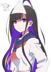 Rule 34 | 1girl, ahoge, black hair, blue sailor collar, closed mouth, commentary request, eyes visible through hair, highres, long hair, long sleeves, multicolored hair, neckerchief, original, purple eyes, purple hair, red neckerchief, sailor collar, school uniform, serafuku, shirt, simple background, smile, solo, tama (tama-s), translation request, triangular headpiece, two-tone hair, upper body, v-shaped eyebrows, very long hair, white background, white shirt, yurako-san (tama)