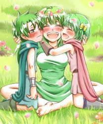 Rule 34 | 1boy, 2girls, aqua eyes, armlet, barefoot, blush, bow, bracelet, cape, cheek-to-cheek, collins (dq5), crown, dragon quest, dragon quest v, embarrassed, family, feet, flower, gender request, genderswap, grass, green eyes, green hair, hair bow, happy, head wreath, heads together, henry (dq5), hero (dq5), hug, if they mated, jewelry, multiple girls, open mouth, outdoors, petals, short hair, smile, yakisobapan tarou &amp; negitoro-ko