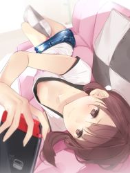 Rule 34 | 1girl, ama mitsuki, between legs, blush, brown eyes, brown hair, closed mouth, collarbone, commentary request, couch, denim, denim skirt, downblouse, flat chest, game console, holding, long hair, lying, nintendo, nintendo switch, no bra, on back, on couch, original, panties, pencil skirt, pillow, pink panties, playing games, shirt, short sleeves, skirt, smile, solo, sweat, twintails, underwear