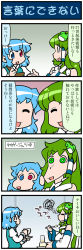 Rule 34 | 2girls, 4koma, artist self-insert, blue eyes, blue hair, bowl, closed eyes, comic, commentary request, crayon shin-chan, cup, detached sleeves, eating, frog hair ornament, gradient background, green eyes, green hair, hair ornament, hair tubes, heterochromia, highres, holding, holding spoon, holding umbrella, juliet sleeves, kochiya sanae, long hair, long sleeves, mizuki hitoshi, multiple girls, nontraditional miko, open mouth, parody, puffy sleeves, red eyes, short hair, sitting, smile, snake hair ornament, spoon, squiggle, style parody, sweatdrop, tatara kogasa, touhou, translation request, umbrella, vest, wide sleeves