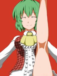 Rule 34 | 1girl, ascot, breasts, closed eyes, female focus, green hair, impossible clothes, impossible shirt, kazami yuuka, kneepits, leg up, medium breasts, plaid, plaid vest, red background, shirt, short hair, smile, solo, thighs, touhou, u.s.m.c, vest