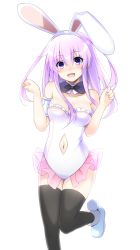 Rule 34 | 1girl, alternate costume, animal ears, bare shoulders, black thighhighs, breasts, rabbit hair ornament, cleavage, clenched hands, clothing cutout, commentary request, detached collar, doria (p f dolia), fake animal ears, frilled leotard, frills, hair between eyes, hair ornament, highres, leg up, leotard, long hair, looking at viewer, medium breasts, navel, navel cutout, nepgear, neptune (series), open mouth, pink hair, playboy bunny, purple eyes, simple background, solo, thighhighs, white background, white leotard