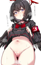 Rule 34 | 1girl, armband, bar censor, black choker, black hair, black serafuku, black shirt, black skirt, black wings, blue archive, blush, bow, bowtie, censored, choker, cleft of venus, clothes lift, commentary request, cowboy shot, crop top, feathered wings, halo, high-waist skirt, highres, lifted by self, long sleeves, low wings, machismo fuji, mashiro (blue archive), midriff, navel, pleated skirt, purple eyes, pussy, red armband, red bow, red bowtie, red halo, school uniform, serafuku, shirt, short hair, simple background, skirt, skirt lift, solo, stomach, sweat, thigh gap, translated, white background, winged halo, wings