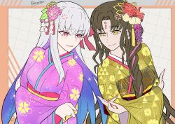 Rule 34 | 2girls, anger vein, artist name, black hair, border, braid, breasts, caravthir, colored inner hair, commentary, crossed arms, earrings, english commentary, fate/grand order, fate (series), fingernails, floral print, flower, forehead tattoo, grey hair, grin, hair flower, hair ornament, hair ribbon, highres, japanese clothes, jewelry, kama (fate), kama (third ascension) (fate), kimono, long fingernails, long hair, long sleeves, looking at another, lotus, medium breasts, multicolored hair, multiple girls, nail polish, obi, obiage, open mouth, outside border, parted bangs, pearl earrings, pink eyes, pink flower, pink hair, pink kimono, pink nails, pink ribbon, pink tassel, print kimono, purple hair, red flower, ribbon, sash, sessyoin kiara, smile, spider lily, star (symbol), starry hair, tassel, tassel hair ornament, upper body, wide sleeves, yellow eyes, yellow tassel