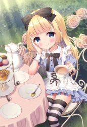Rule 34 | 1girl, alice (alice in wonderland), alice in wonderland, apron, black bow, blonde hair, blue dress, blue eyes, blue sleeves, blush, bow, chair, chitosezaka suzu, closed mouth, commentary request, cup, day, detached sleeves, dress, flower, food, frilled apron, frills, hair bow, holding, holding cup, long hair, macaron, on chair, outdoors, puffy short sleeves, puffy sleeves, rose, rose bush, sandwich, saucer, short sleeves, sitting, smile, solo, spoon, strapless, strapless dress, striped clothes, striped thighhighs, table, tablecloth, teacup, teapot, thighhighs, tiered tray, very long hair, waffle, white apron, wrist cuffs