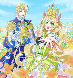 Rule 34 | 1boy, 1girl, alfred (fire emblem), ascot, blonde hair, blue cape, bow, brother and sister, butterfly hair ornament, cape, celine (fire emblem), circlet, cross-laced clothes, cross-laced dress, crown, dress, dress bow, facial mark, fire emblem, fire emblem engage, green eyes, hair ornament, heart, heart facial mark, levin sword, meegon01, multicolored hair, nintendo, orange bow, orange gemstone, orange wristband, prince, princess, siblings, split-color hair, wrist bow, yellow ascot, yellow dress