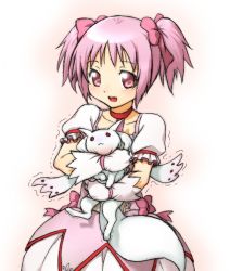 Rule 34 | 10s, 1girl, asphyxiation, bow, face, gloves, hair bow, kaname madoka, kyubey, magical girl, mahou shoujo madoka magica, mahou shoujo madoka magica (anime), onsoku inu, pink eyes, pink hair, puffy sleeves, short twintails, strangling, twintails, white gloves